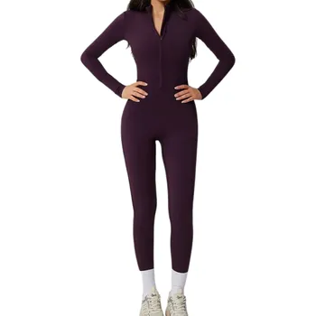 Dámské oblečení Dámský sportovní overal Dlouhý rukáv a legíny Se zipem ve výstřihu Jednobarevný fitness overal z nylonu a spandexu fialová XL