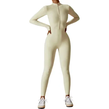 Dámský overall Dámský sportovní overal Dlouhý rukáv a legíny Se zipem ve výstřihu Jednobarevný fitness overal z nylonu a spandexu béžova L
