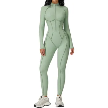 Dámský overall Dámský sportovní overal Triko s dlouhým rukávem a legíny Se zipem ve výstřihu Jednobarevný overal z nylonu a spandexu zelená L