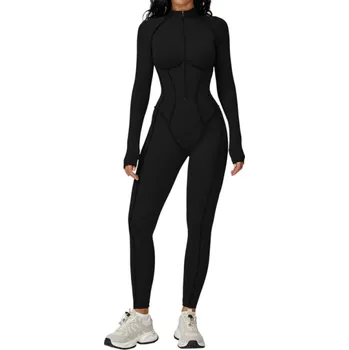 Dámský overall Dámský sportovní overal Triko s dlouhým rukávem a legíny Se zipem ve výstřihu Jednobarevný overal z nylonu a spandexu černá L