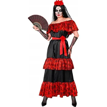 Karnevalový kostým KOSTÝM LOS MUERTOS DÁMSKÝ ČERNO-ČERVENÝ PŘEVLEK PRO ŽENY KARNEVAL XL