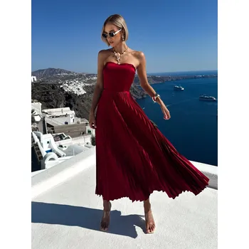 Dámské šaty Bordó letní plisované šaty CAPRIE bez ramínek Velikost: ONESIZE