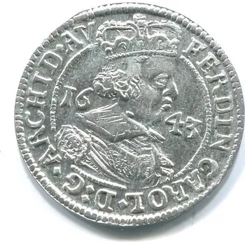 TYROLY. Arcivévoda Ferdinand Karel (1632 - 1662). 3 Kreuzer 1643. Hall. Ag.