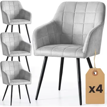 Jídelní židle 4x Čalouněná židle s čtvercovým prošíváním Šedá LUXANO Černé nohy