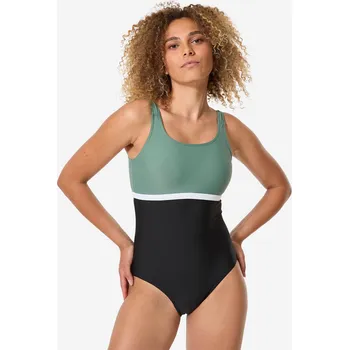 Dámské oblečení DECATHLON Dámské jednodílné plavky Heva Li 42 BÍLÁ|ZELENÁ|ČERNÁ