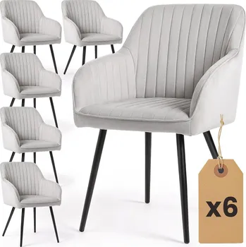 Jídelní židle 6x Sametová čalouněná židle s prošíváním Šedá FLORENCE Černé nohy