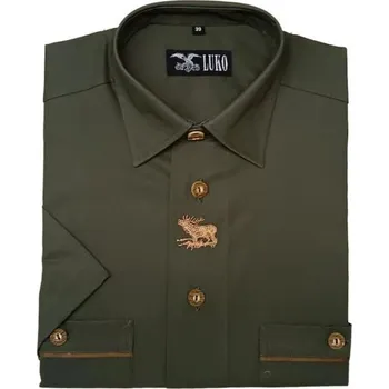 Pánská košile Luko Myslivecká košile s motivem jelena - tmavě zelená - krátký rukáv - Velikost 40