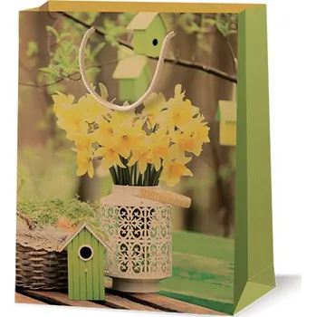 Dárková taška Velikonoční dárková taška kraft velká Jarní zahrada s narcisy