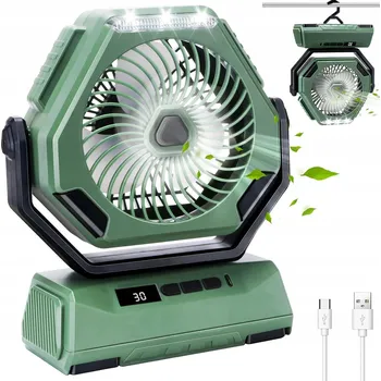 Domácí ventilátor Přenosný kempingový ventilátor s LED svítilnou a háčkem - zelený