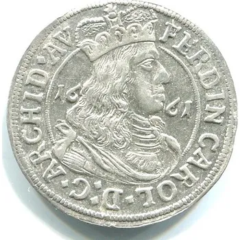 TYROLY. Arcivévoda Ferdinand Karel (1632 - 1662). 3 Kreuzer 1661. Hall. Ag.