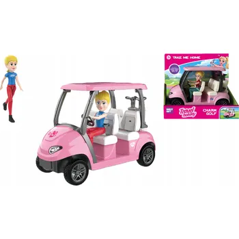 Panenka Panenka v růžovém golfovém vozíku s golfovými doplňky pro děti