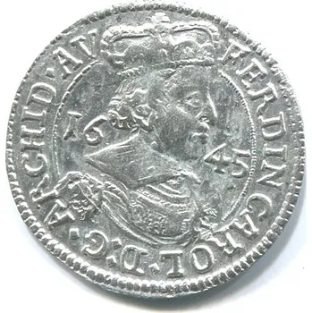 TYROLY. Arcivévoda Ferdinand Karel (1632 - 1662). 3 Kreuzer 1645. Hall. Ag.