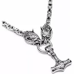 Náhrdelník z chirurgické oceli Thorův řetež - Mjölnir Vlk - Model S přívěskem Mjölnir, Délka 80 cm