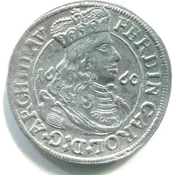 TYROLY. Arcivévoda Ferdinand Karel (1632 - 1662). 3 Kreuzer 1660. Hall. Ag.