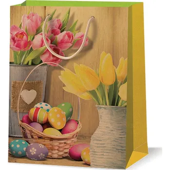 Dárková taška Velikonoční dárková taška kraft velká Jarní zátiší s tulipány a vajíčky