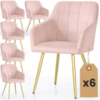 Jídelní židle 6x Čalouněná židle s čtvercovým prošíváním Pudrová Růžová LUXANO Zlaté nohy