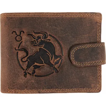 Peněženka Pánská kožená peněženka s přeskou s obrázky znamení - BÝK - hnědá