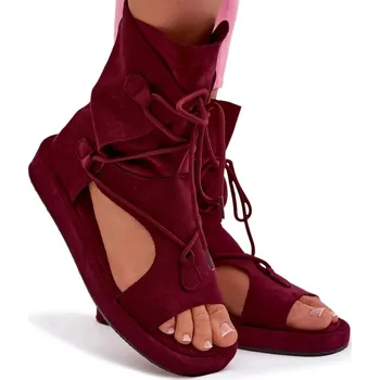 Dámské sandále DÁMSKÉ SANDÁLY Z EKO SEMIŠE S VÁZÁNÍM A ZIPEM, BORDOVÉ, VELIKOST 38