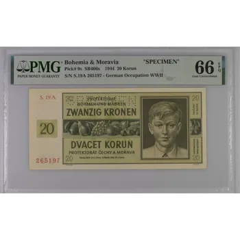 Protektorát Čechy a Morava – 20 korun 1944 S. A Specimen PMG 66 EPQ