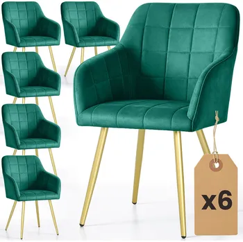 Jídelní židle 6x Čalouněná židle se čtvercovým prošíváním Smaragdově Zelená LUXANO Zlaté nohy