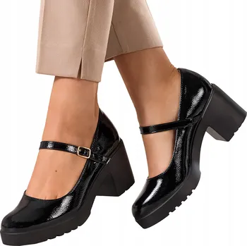 Dámské lodičky LAKOVANÉ LODIČKY Pásek Mary Jane na širokém podpatku, černé, velikost 39