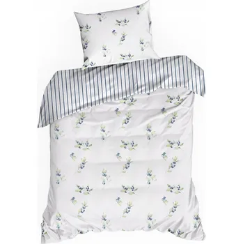 Povlečení Povlečení saténové RAYA4 140x200 Eurofirany tmavě modré, motiv větviček borůvek a proužků