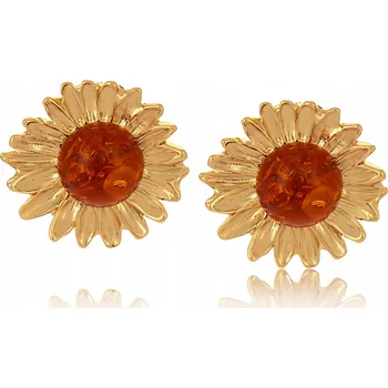 Náušnice Pozlacené náušnice květy s jantarem na puzetě z kolekce Amber (P24/TY