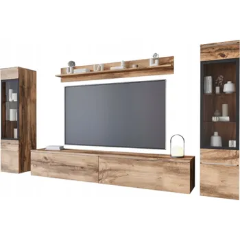 Obývací stěna Nábytková Stěna RTV 180 cm, 2 vitríny a polička, stojící/závěsná matná dub wotan