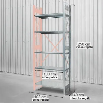 Dílenský regál Kovový skladový regál DEXION, 5policový, přídavný modul se síťovou výplní, výška 250 cm, délka 102 cm, hloubka 40 cm