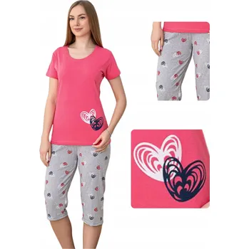 Dámské pyžamo Dámské pyžamo krátký rukáv 3/4 kalhoty bavlněné 2 srdíčka korálové L
