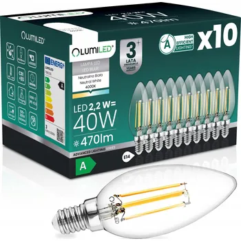 Žárovka 10x LED ŽÁROVKA E14 FILAMENT TŘÍDA A 2,2W 470LM = 40W 4000K 360° SVÍČKA