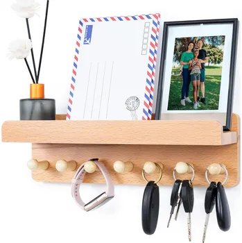 Věšák Nástěnný věšák s poličkou a organizérem na klíče do předsíně, masivní dřevo