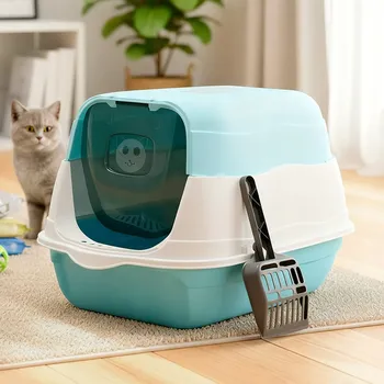 Uzavřená toaleta pro kočky s filtrem na písek a klapkou, snadné čištění, modrá