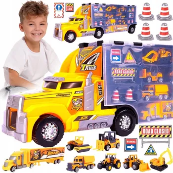 autíčko OBROVSKÝ TIR AUTOPŘEPRAVNÍK S VYSTŘELOVAČEM 57cm + 7 AUT STAVEBNÍ VOZIDLA