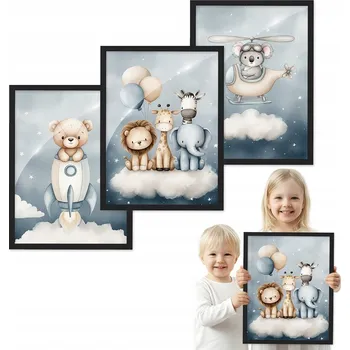 Obraz Sada 3 obrazů ZVÍŘÁTKA VESMÍR černý rámeček 30x40 do dětského pokoje