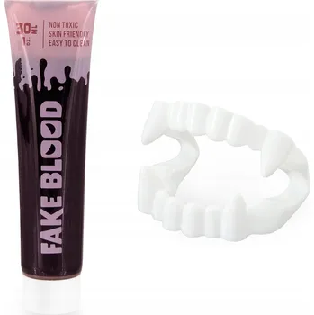 Karnevalový doplněk Umělá krev + ZUBY upíra HALLOWEEN zombie blood fake 30 ml sada