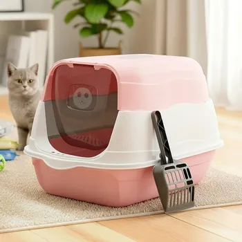 Uzavřená toaleta pro kočky s filtrem na písek a klapkou, snadné čištění, pink