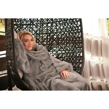 deka MĚKKÁ TMAVĚ ŠEDÁ DEKA S RUKÁVY Z MIKROVLÁKNA MATEX 150x210cm