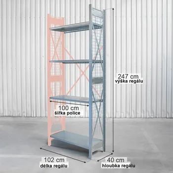 Dílenský regál Kovový skladový regál DEXION, 4policový, přídavný modul se síťovou výplní, výška 247 cm, délka 102 cm, hloubka 40 cm
