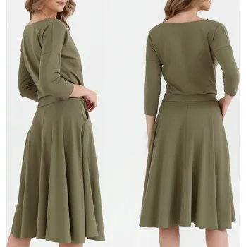 Dámské šaty STYLOVÉ DÁMSKÉ ELEGANTNÍ ŠATY MIDI ROZŠÍŘENÉ S PÁSKEM KHAKI 42 XL
