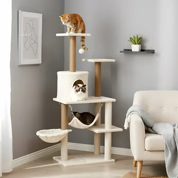 Vysoký škrabadlo pro kočky se sisalovými sloupky, hračkou a boudou, béžové