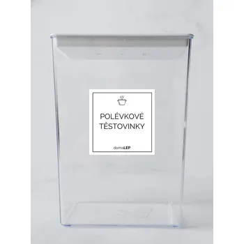 Samolepící etiketa POLÉVKOVÉ TĚSTOVINKY – bílá samolepka na dózu, základní písmo, 5 x 5 cm | DomaLEP