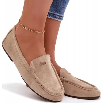 Dámské mokasíny Dámské mokasíny z eko semiše s malým zlatým detailem, nazouvací, tmavě béžové, velikost 38