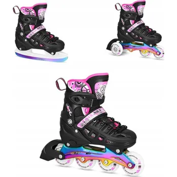 Kolečkové brusle Brusle 2v1 4V1 Nastavitelné LED Růžové Ocelové ližiny Vel M NILS EXTREME