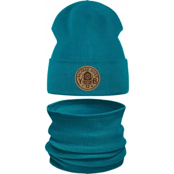 Čepice Tyrkysová Sada ČEPICE s Ohrnutým Lemem + NÁKRČNÍK tunel Žebrovaný podzim jaro 48-56