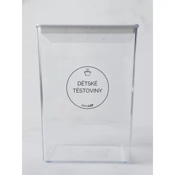 Speciální papír DĚTSKÉ TĚSTOVINY – průhledná samolepka na dózu, základní písmo, 5 cm | DomaLEP