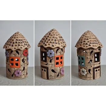 Zahradní dekorace Keramický svícen DOMEČEK oranžovohnědý 24 cm