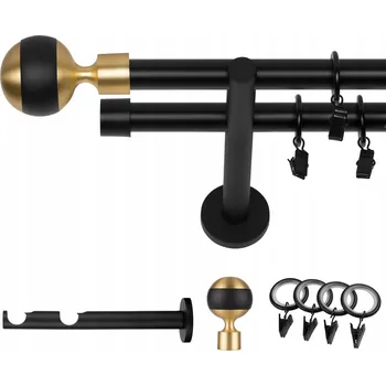 Garnýž GARNÝŽ DVOJITÁ 200 CM 19 MM ČERNÁ MATNÁ KOULE MIX TICHÉ KROUŽKY SE ŽABKAMI