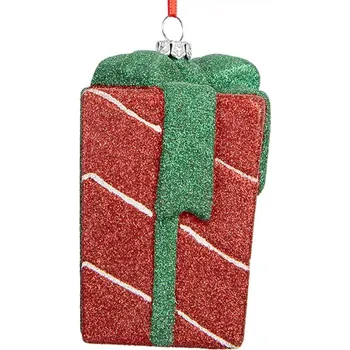 Vánoční ozdoba Červeno-zelená vánoční ozdoba třpytivý dáreček – 8x8x11 cm
