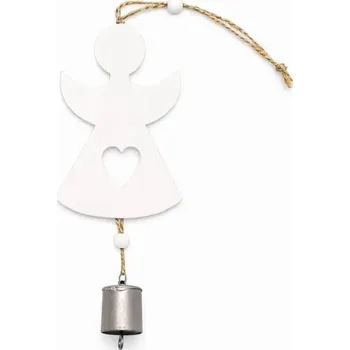 Velikonoční dekorace DECOLED Vánoční dřevěná ozdoba na stromeček anděl 12 × 8 cm se zvonkem 3 cm, závěsná, bílá